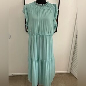 DKNY Aqua/Mint Midi Dress with Ruffle Detail